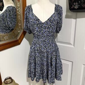 Yumi Kim Maddy Black, Blue & Cream Ditsy Floral Puff Sleeve Mini Dress w Ribbon